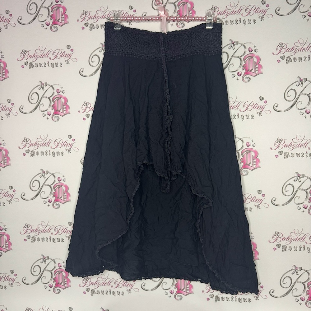 Buddah Sayulita skirt high low crochet waist band black knit trim boho hippie